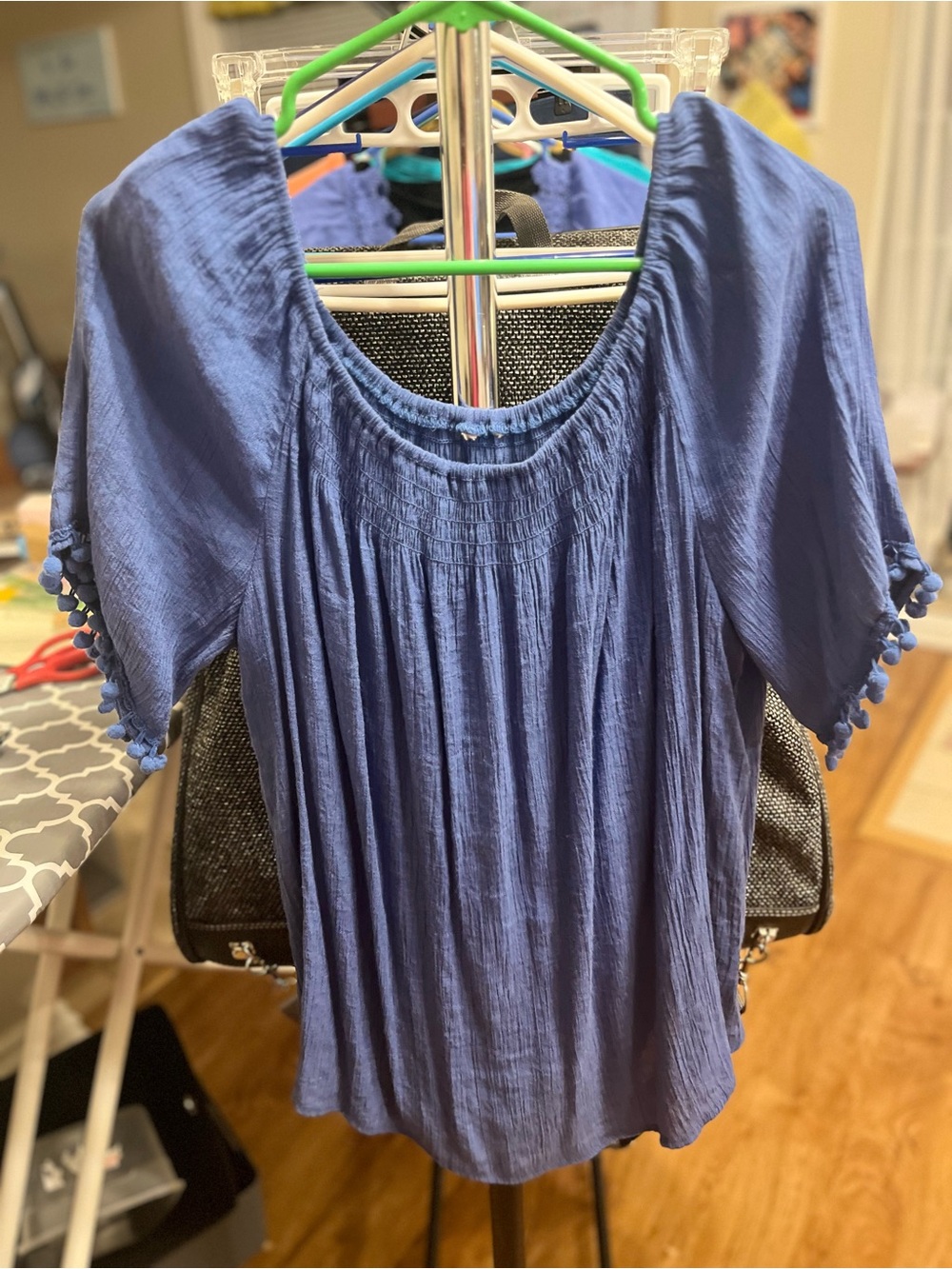 Cato Brand - 18/20- Women's Blue Pom-Pom Sleeve Peasant Top
